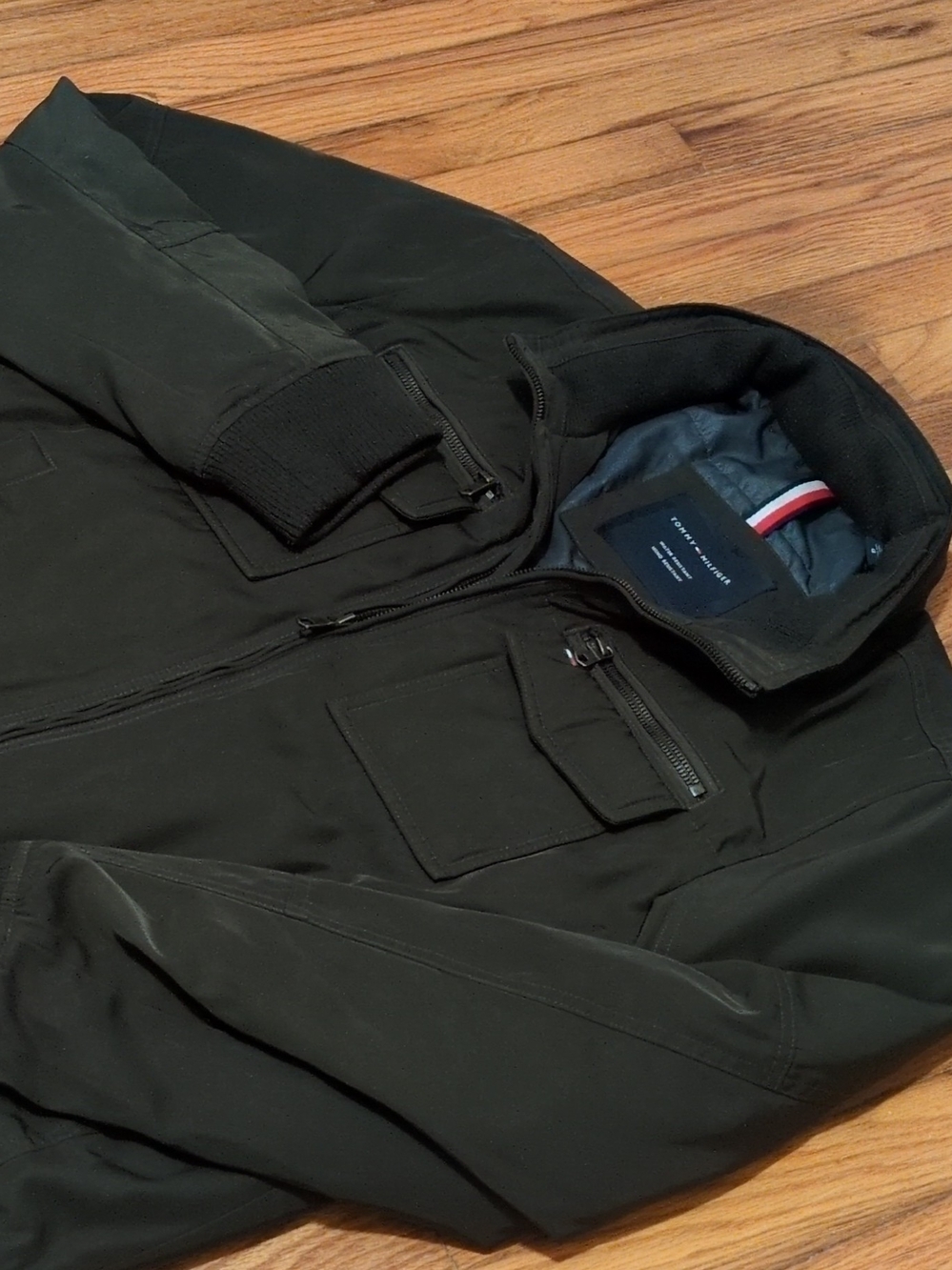 Tommy Hilfiger Dark Olive Bomber Jacket with Utility Pockets